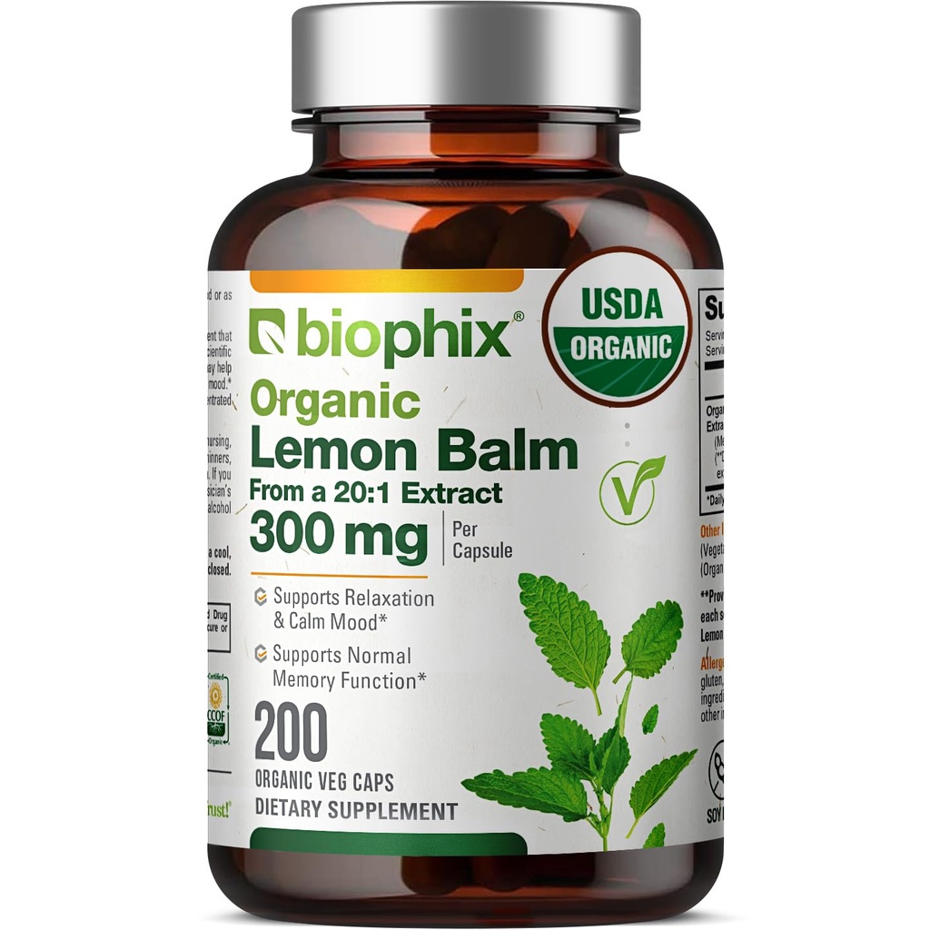 biophix Lemon Balm Kapsler USDA Organic 20: 1 Extract 300 mg 200 Veggie Caps - Kognitiv Health Stress Sleep Mood Support Natural Herbal Supplement