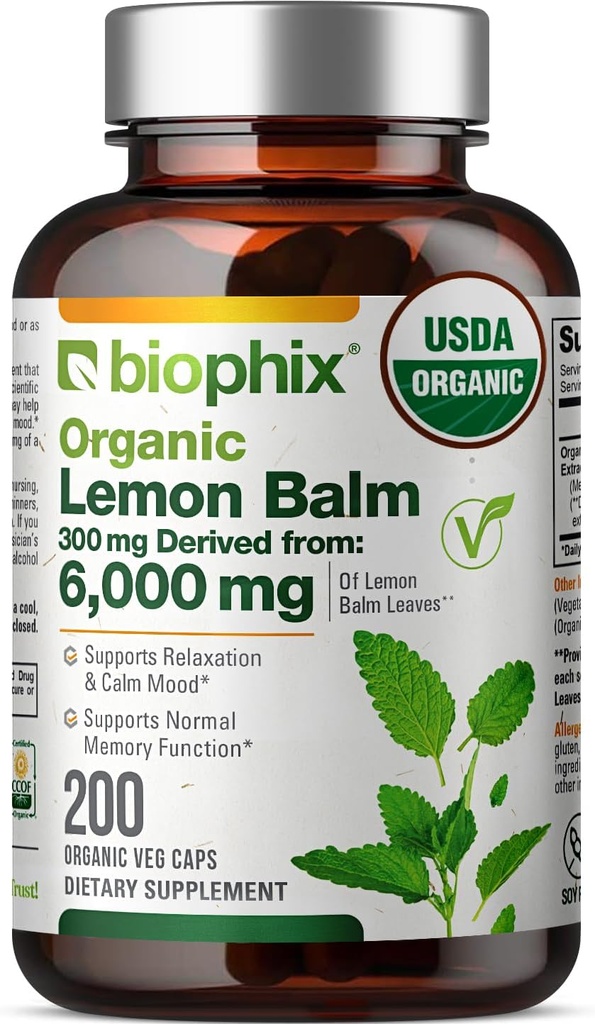 biophix Lemon Balm Kapsler USDA Organic 20: 1 Extract 300 mg 200 Veggie Caps - Kognitiv Health Stress Sleep Mood Support Natural Herbal Supplement