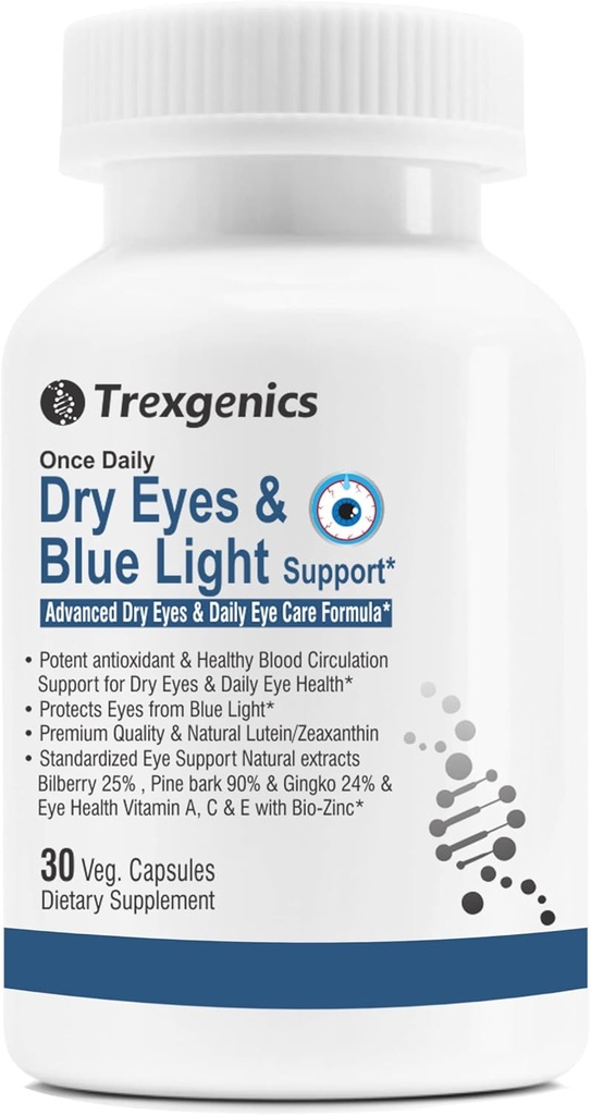 Trexgenics Try Eyes & Blue Light Support Once Daily Vegetar Formel med Lutein 10mg, Zeaxanthin 2mg, Bilberry, Ginkgo, Pine Bark, C-vitamin, Zink & Vitamin A (30 Veg kapsler)