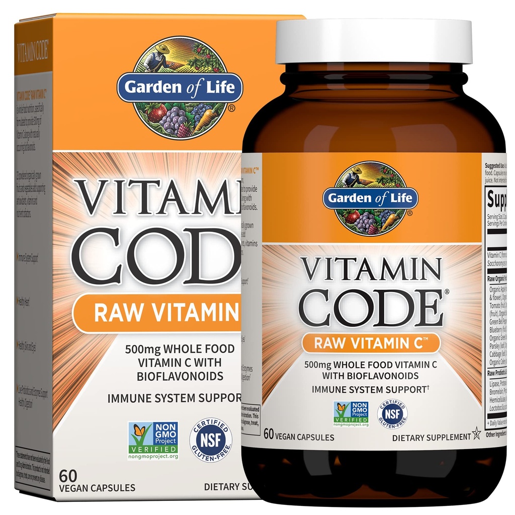 Livets Vitamin Kode Rå C-vitamin - 60 kapsler, 500 mg hel fødevare C-vitamin kapsler + Frugt & Veggie Blend & Probiotika, Kosttilskud til voksne, Vegan, Gluten Free
