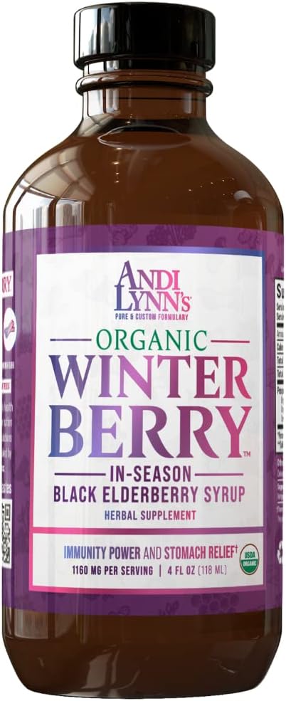 Andi Lynns Winterberry Black Elderberry Syrup - Inkluderer sorte hyldebær, kanel, ingefær, honning & Lemon - immunforsvar til hele familien - Organic & Great Tasting Syrup 4oz