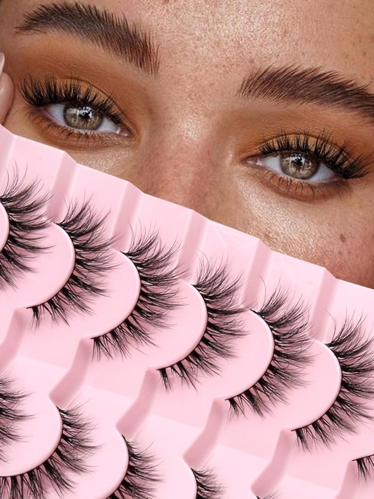 Lys Natural Cat Eye Lass Wispy Eyelass 15mm Falsk Eyelass Wispy Lass 3D Volume Strip Eyelass Thin Cotton Band Soft Fake Eyelass Falsk Lass Pack 7 Par Siligli