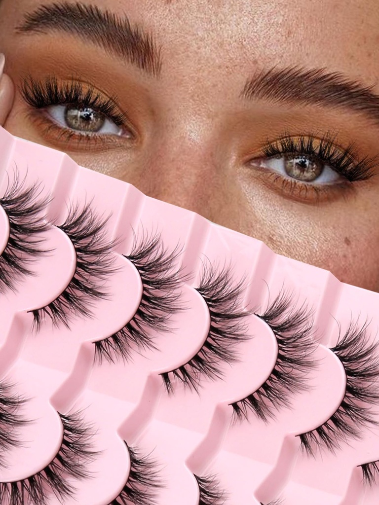 Lys Natural Cat Eye Lass Wispy Eyelass 15mm Falsk Eyelass Wispy Lass 3D Volume Strip Eyelass Thin Cotton Band Soft Fake Eyelass Falsk Lass Pack 7 Par Siligli