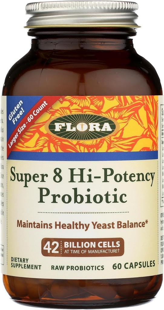 Flora - Super 8 Hi Potency Probiotika 60 Greve - Sund Gær Balance & fordøjelsessundhed - for mænd og kvinder - 42 Millioner CFU, Raw, Gluten Free - Op til 2 Måned Supply