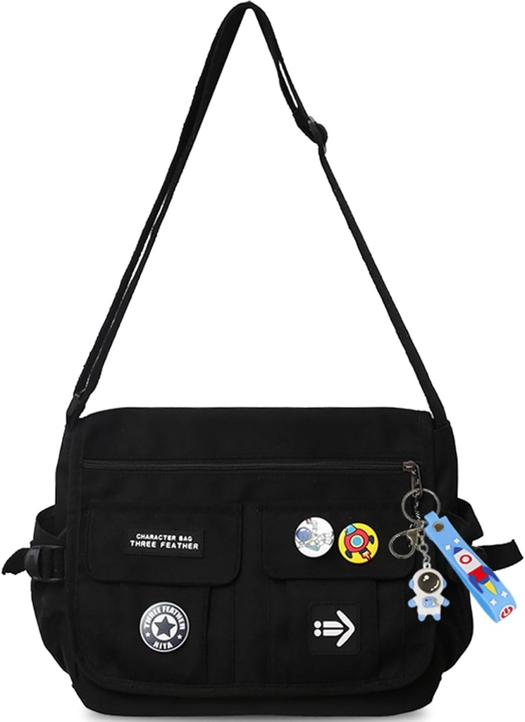 Fashion crossbody taske med søde tilbehør Nylon Casual Messenger taske med vedhæng letvægts håndtaske rejse dagpakker (sort)