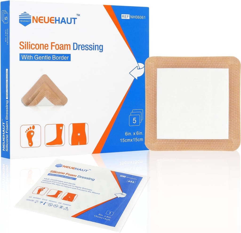 Silikone Fum Dressing med Gentle Adhesive Border 6 "x6", Bed Sore Pressure Ulcer Leg Ulcer Silicone Sår Bandage, Høj Absorbency Vandtæt, 5 Pack af NeueHaut