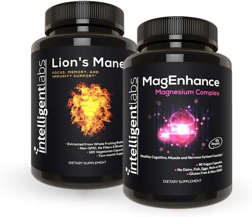 Intelligent Labs 2- in-1 Bundle of MagEnhance Magnesium supplement (høj absorption Magnesium Glycinat, Threonat, og Taurat) og Lions Mane Mushroom supplement (100% Fruiting Kropsekstrakt)