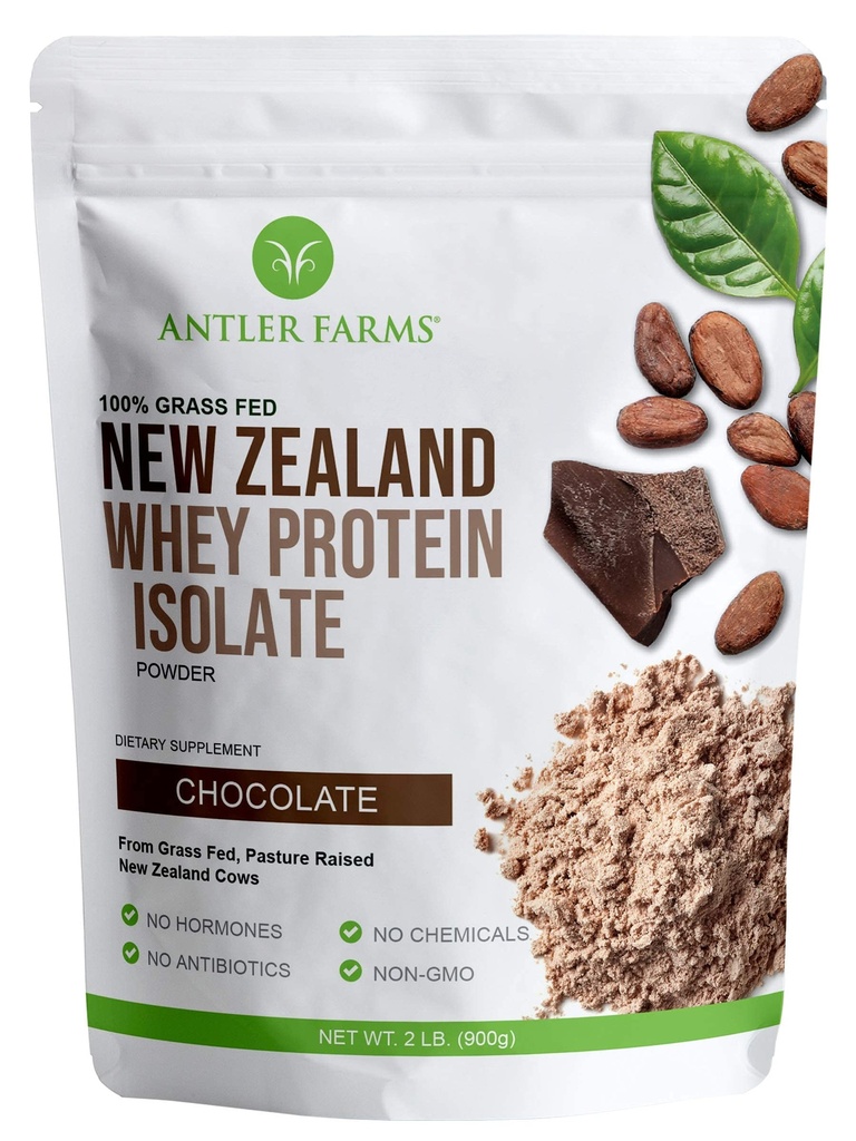Antler Farms - 100% Græs Fed New Zealand Whey Protein Isolate, Chokolade Flavor, 2 lbs - Ren og ren, 4 Ingredienser, Lækre, Cold Forarbejdede