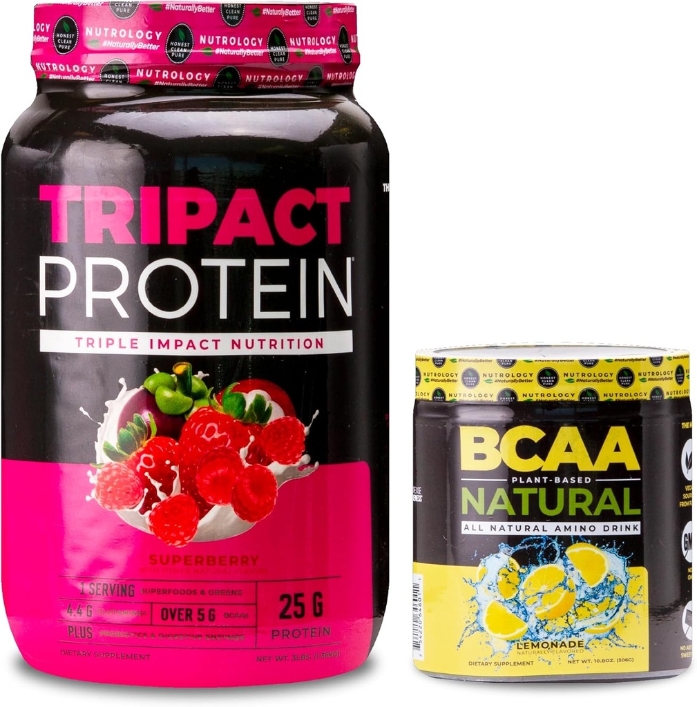 Nutrologi TRIPACT Protein Powder, 7- in-1 Meal udskiftning Shake, Superberry (40 Servere) BCAA Natural, Plant Based BCAA Powder, Lemonade Flavor (30 Servere)