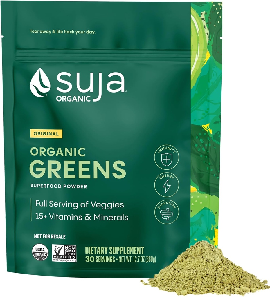 Suja Organic Greens Powder Probiotic Blend, Spirulina, Daily Superfood Drink or Smoothie Mix for Immune Support, Digestion, & Energy, Vegan, Gluten Free, Non GMO, 30 Servings