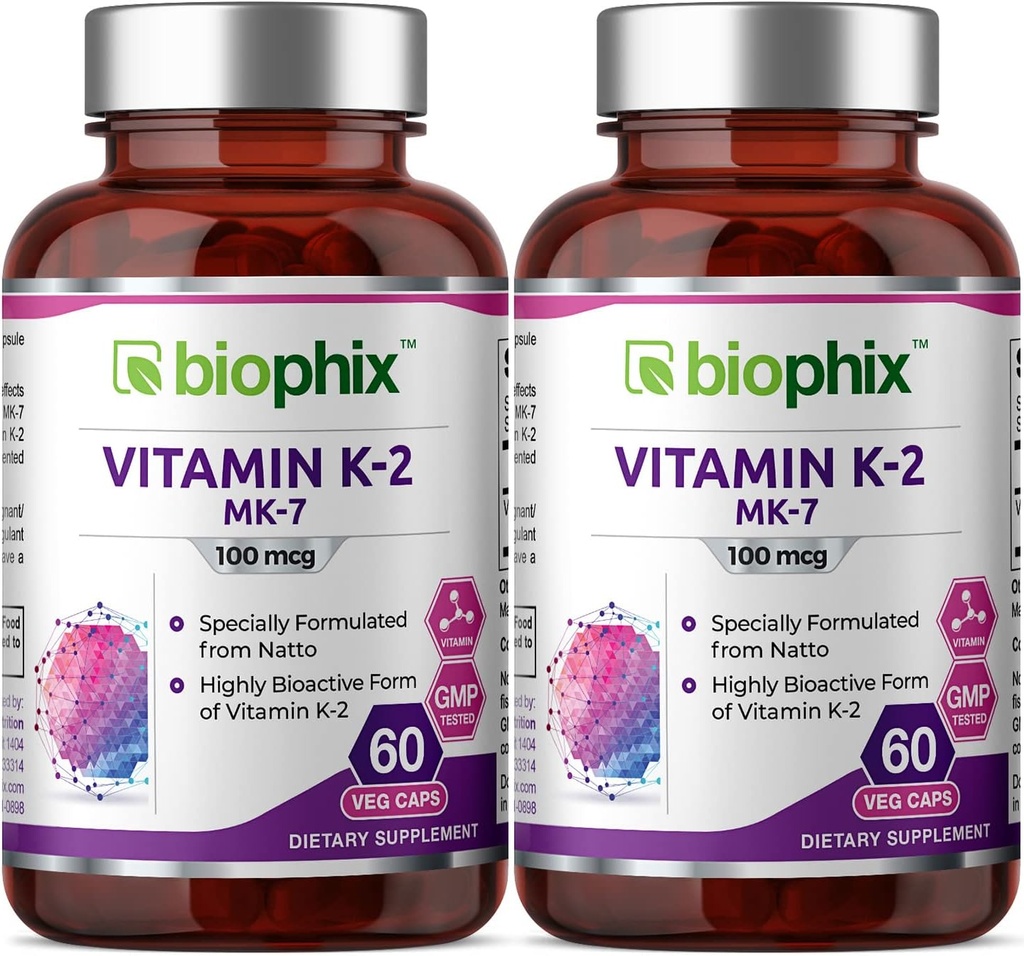 biophix Vitamin K2 MK- 7- 100 mcg 60 Vcaps 2 Pack - Understøtter stærke knogler immunforsvar