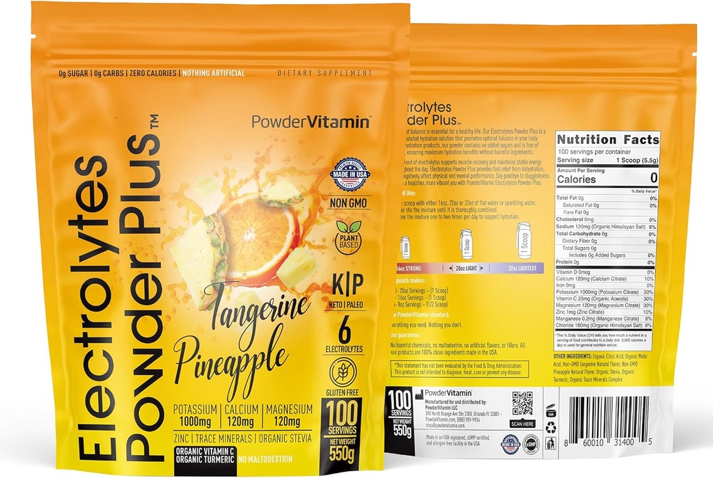PowderVitamin Electrolytes Powder Plus (100 Servere) Tangerine Ananas Electrolyte Powder Zero Calorie Keto, 0Sugar, No Maltodextrin, 1000mg Kalium, 120mg Calcium, 120mg Magnesium, Hydrationspulver