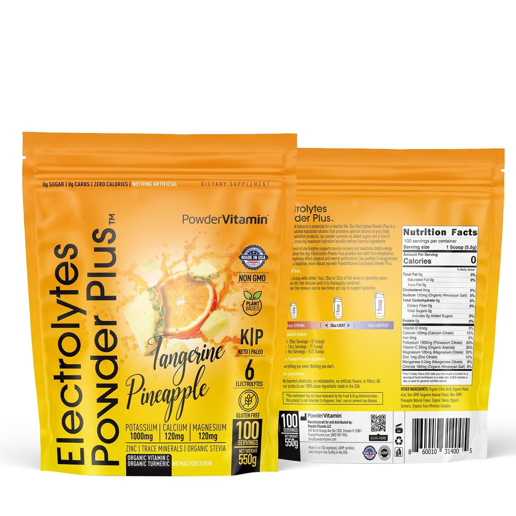 PowderVitamin Electrolytes Powder Plus (100 Servere) Tangerine Ananas Electrolyte Powder Zero Calorie Keto, 0Sugar, No Maltodextrin, 1000mg Kalium, 120mg Calcium, 120mg Magnesium, Hydrationspulver