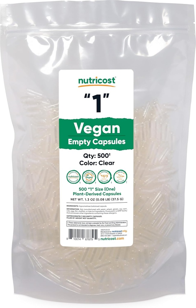Nutricost Empty Capsules Size 1 Vegan - 500 Clear Empty Plant-Based Capsules - Kosher Certified, Halal Certified, Non-GMO, Soy Free, Gluten Free, Vegetarian