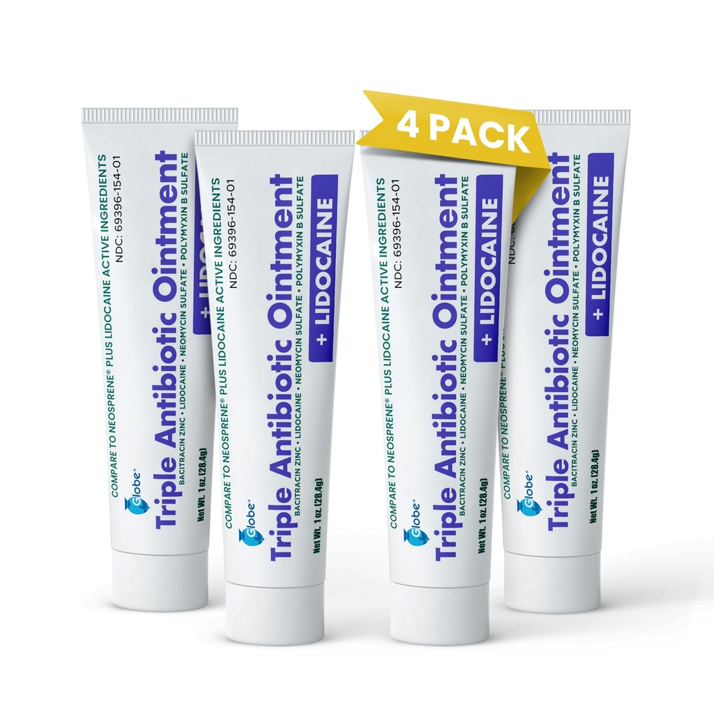 Globe (4- Pack) Lidocain førstehjælp Antibiotisk salve 1 Oz - Maksimal styrke Smerte Relief & Infektion Beskyttelse - Numbers Skin Fast med Lidocain - Nødhjælp & Infektion Beskyttelse