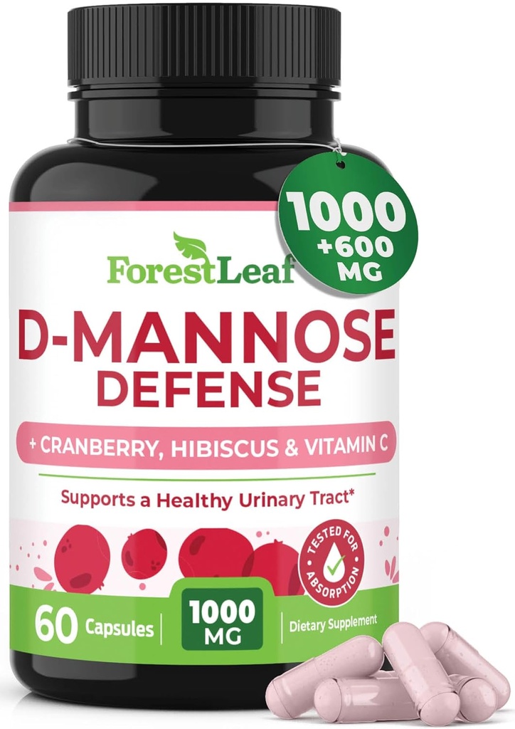 ForestLeaf D Mannose 1000mg kapsler - D- Mannose med Cranberry, Hibiscus & VIT C, Urinary Tract Sundhed for kvinder og mænd, Organic DMannose piller til UTI, Urinary Health & Brege Support 60 Kapsler