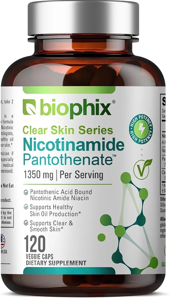 biophix B-3 Nicotinamid Pantothenat 1350 mg 120 Vcaps - Clear Skin Series B5 Pantothenic Acid Natural Flush- Free Nicotinsyre Niacin - Understøtter hud celle sundhed