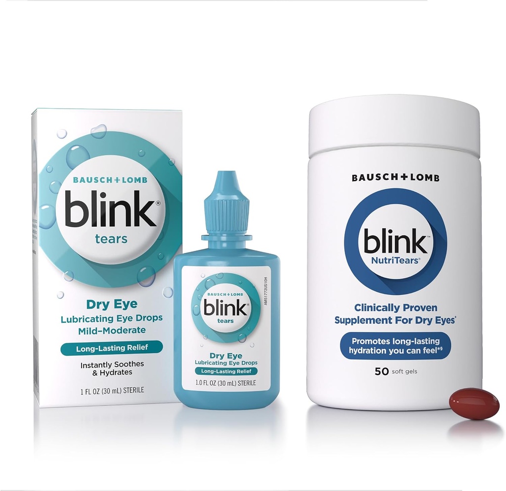 BLINK Tårer Smøremiddel øjendråber, 1 fl oz (30 ml) Eye Care for Mild to Moderate Dry Eyes, Hyaluronate for Boosting Hydration NutriTears Clinically Proven Supplement for Dry Eyes, 50 Softels