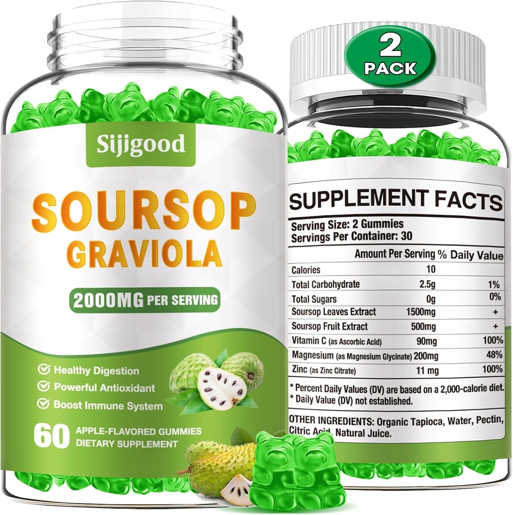 2 Pack Soursop Graviola Gummies - Organic Soursop Blade & Frugtekstrakt - Fordøjelseshjælp, immunforsvar & Antioxidant Egenskaber - 120 Æblefarvede Gummies
