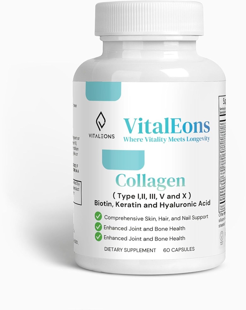 Collagen hår, hud og negle supplement til kvinder - type I, II, III, V, X, Collagen kapsler forstærket med biotin, Keratin & Hyaluronsyre - Omfattende hud, hår og negle støtte
