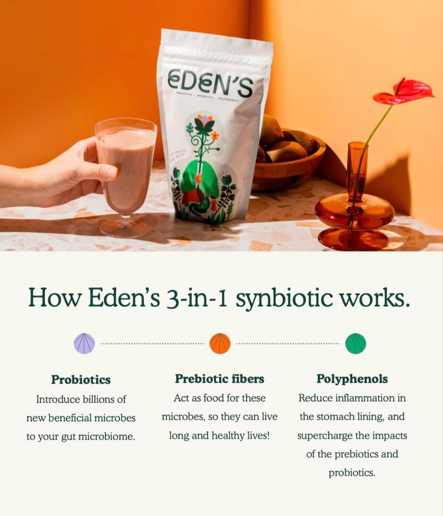 Edens 3- in-1 Synbiotiske Supplement Note 124; Prebiotika, Probiotika & Polyphenol Gut Health Supplement, En gang dagligt, 8g fibre