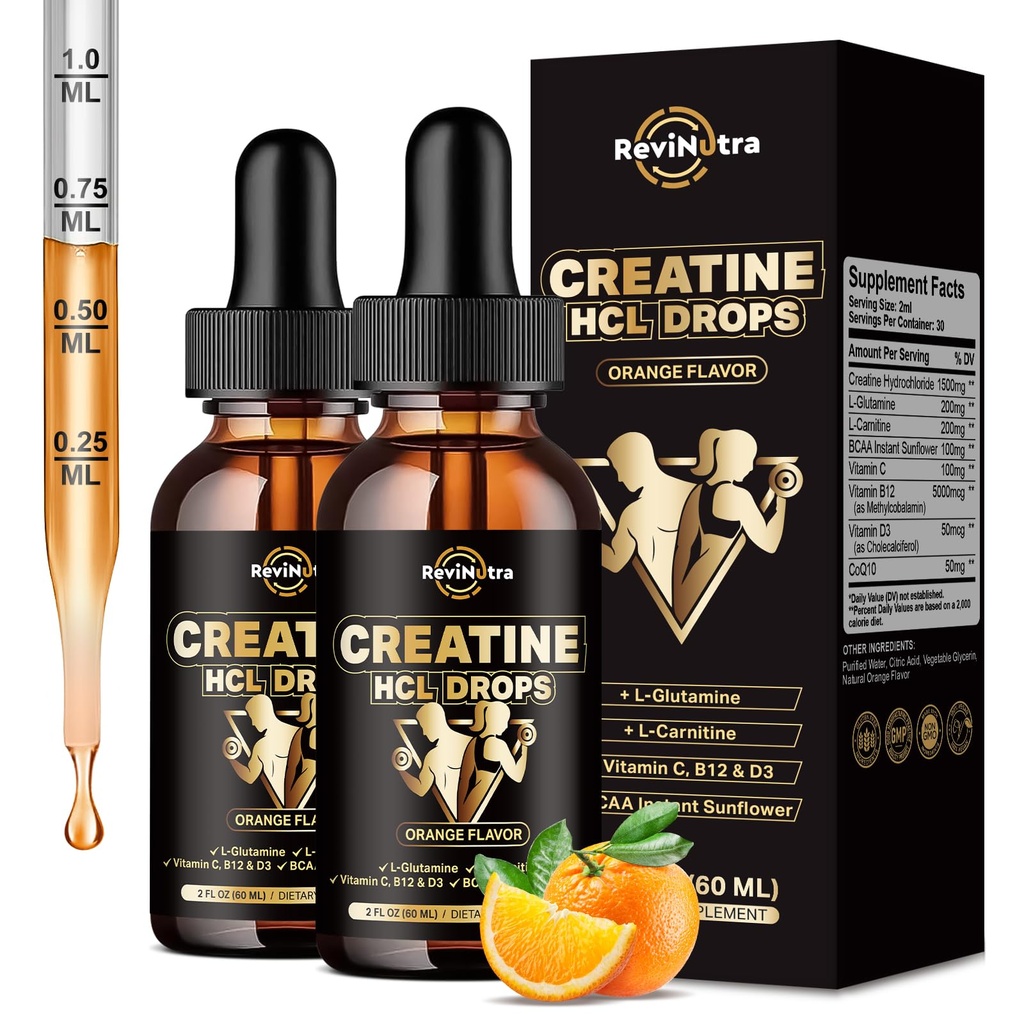 2 Pack Creatin HCL flydende dråber til mænd og kvinder, 1500mg flydende kreatin hydroklorid, høj absorption, 2 Fl Oz, sukkerfri Orange Flavor