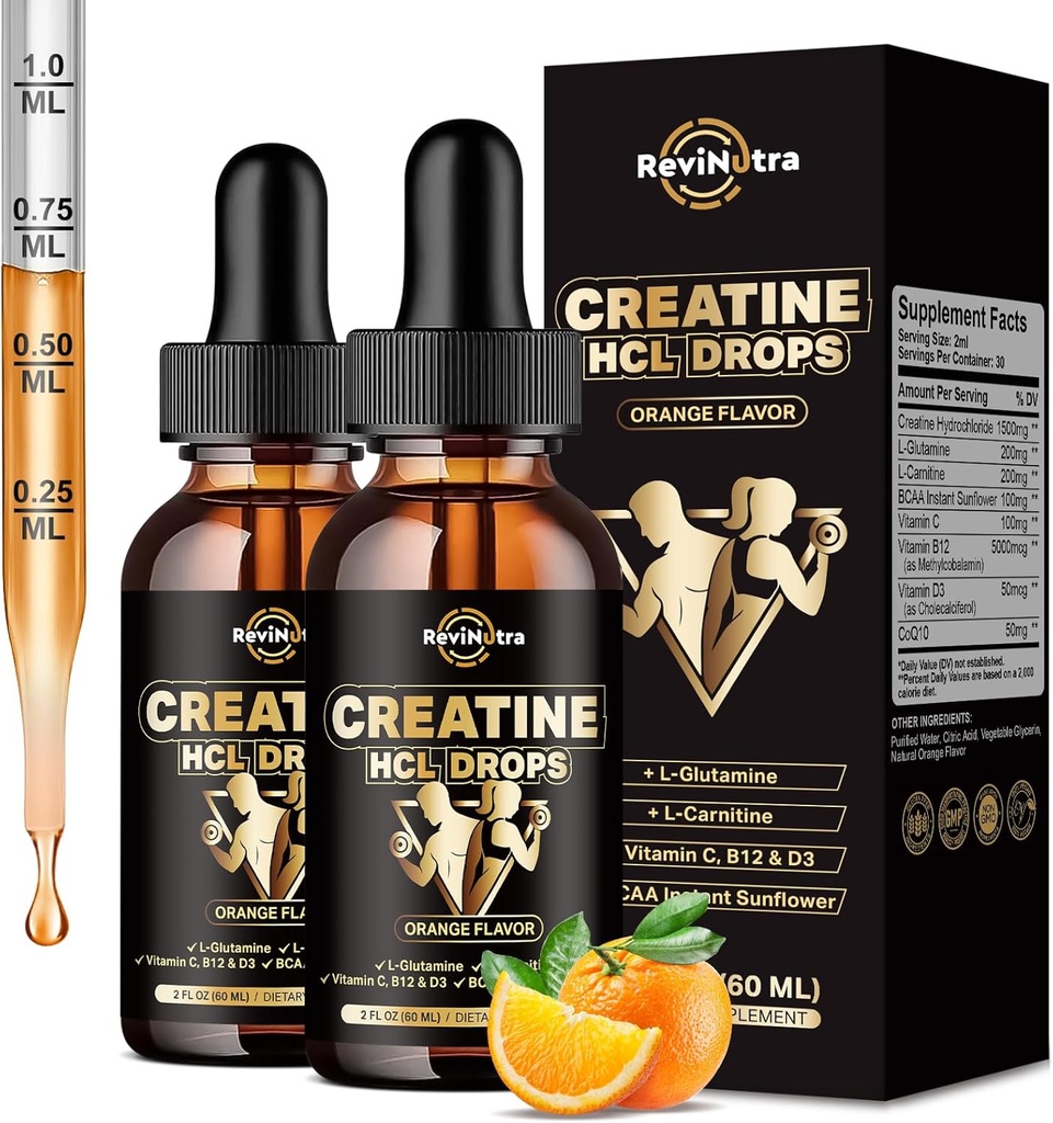 2 Pack Creatin HCL flydende dråber til mænd og kvinder, 1500mg flydende kreatin hydroklorid, høj absorption, 2 Fl Oz, sukkerfri Orange Flavor