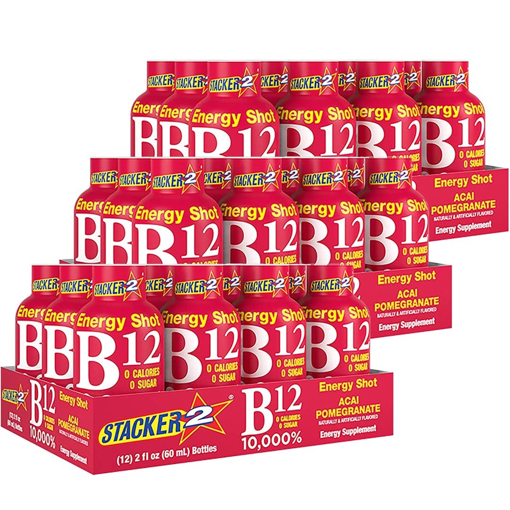 Stacker 2 B-vitamin Complex B12 B6 B3 Flydende energi Shots - Acai & Pomegranate - Cyanocobalamin, 10.000% DRV - B- 6 Pyridoxin 40mg - B3 Niacinamid (Niacin) 20mg - BASEED BOX Bundle (2oz, pakke med 36)