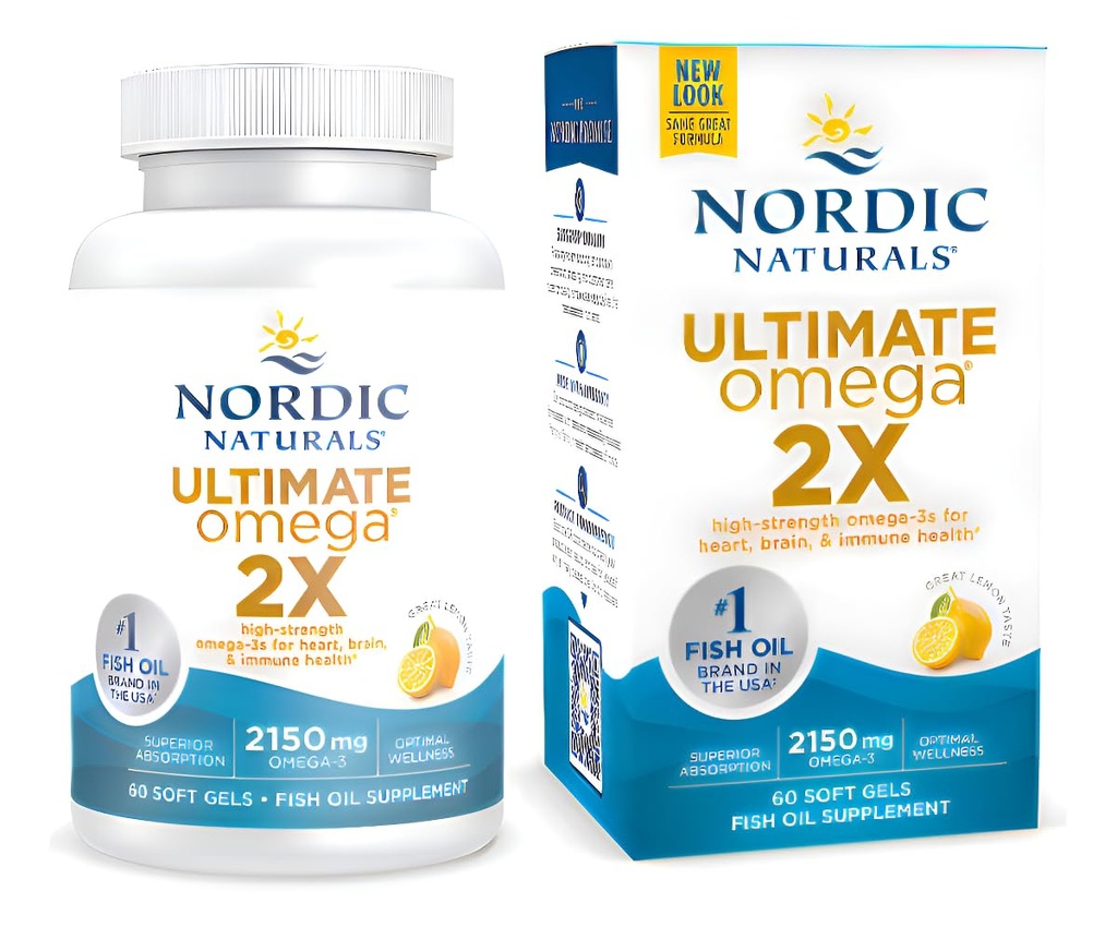 Nordic Naturals Ultimate Omega 2X, Lemon Flavor - 60 Soft Gels - 2150 mg Omega-3 - Højpotens Fish Oil med EPA & DHA - fremmer hjerne & hjerte sundhed - non-GMO - 30 Serveringer