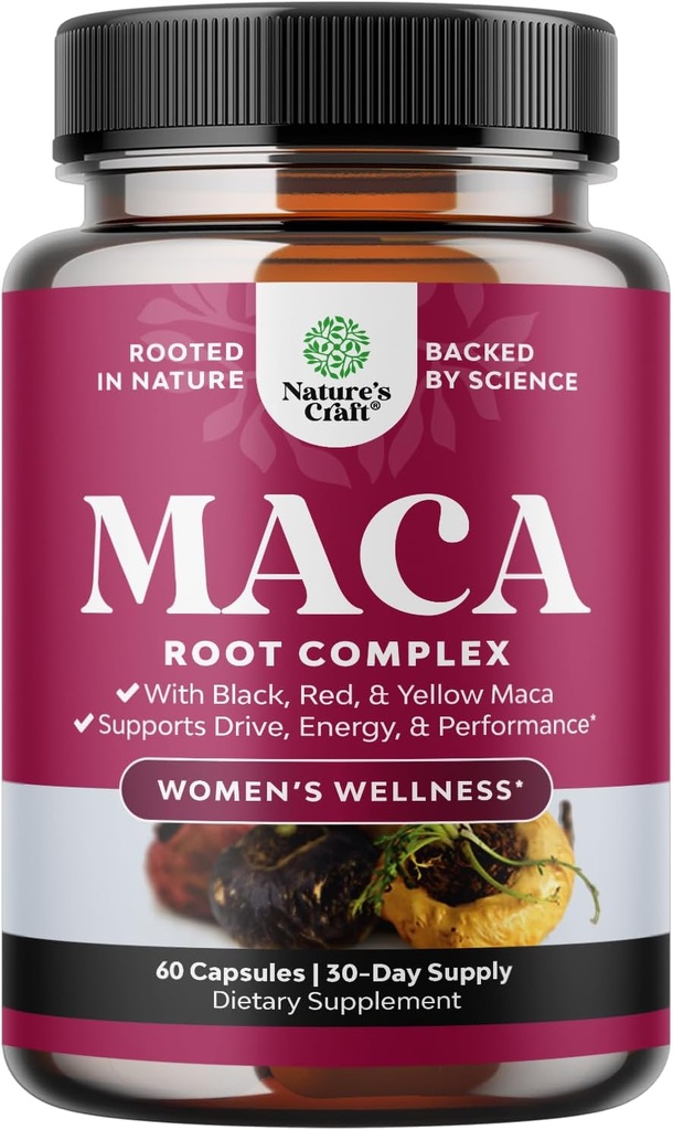 Organic Maca Root Capsules for Women - Potent Herbal supplement med kvindelige enhancing Blend of Red Yellow & Black Maca Root - Non-GMO Certified Vegan og Gluten- Gratis med ingen kunstige farver - 60ct