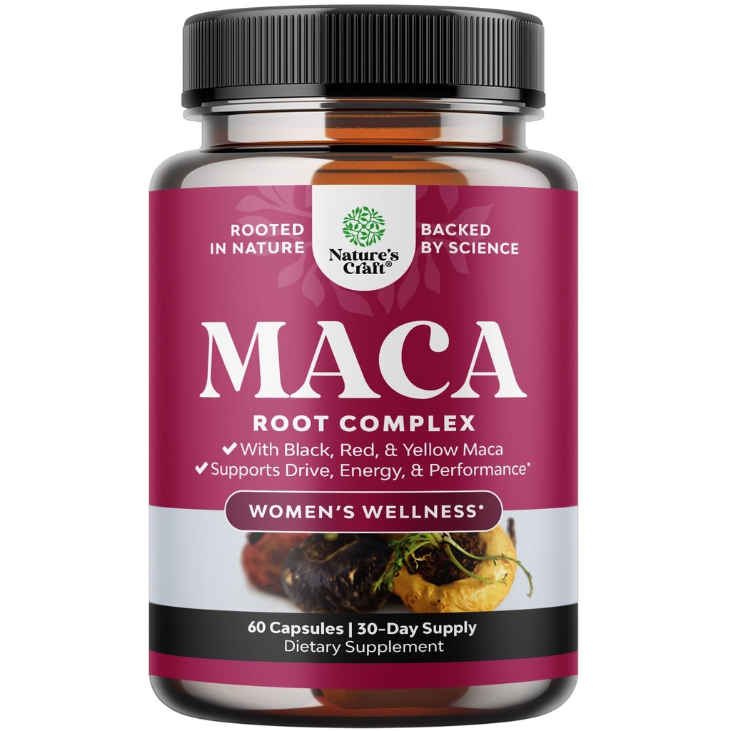 Organic Maca Root Capsules for Women - Potent Herbal supplement med kvindelige enhancing Blend of Red Yellow & Black Maca Root - Non-GMO Certified Vegan og Gluten- Gratis med ingen kunstige farver - 60ct