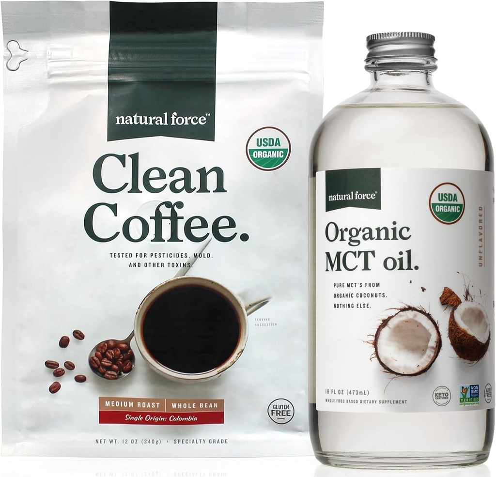 Natural Force Organic Clean Coffee + Organic MCT Oil Bundle - 100% Pure Coconut MCT & Mold & Mycotoksin Free Coffee - Non-GMO, Keto, Paleo og Vegan - 12 Oz Bag og 16 Oz Glass Flaske