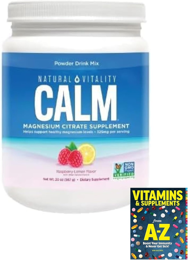 Naturlig - Vitality Calm Magnesium Citrate Powder, Raspberry Lemon Flavor, 20 Ounces + Guide Vitamin Free Include. (Pack 01) Flaske + Guide Vitamin