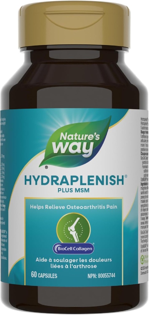 Nature’s Way Hydraplenish, with Unique BioCell Collagen, Hyaluronic Acid, MSM, Supports Healthy Hair, Skin and Nails*, 60 Capsules (Packaging May Vary)