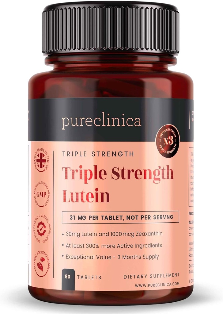 pureclinica Lutein 30mg med Zeaxanthin 1000mcg - Triple Strength Supplement, 90 tabletter (3måneders Tilgang)