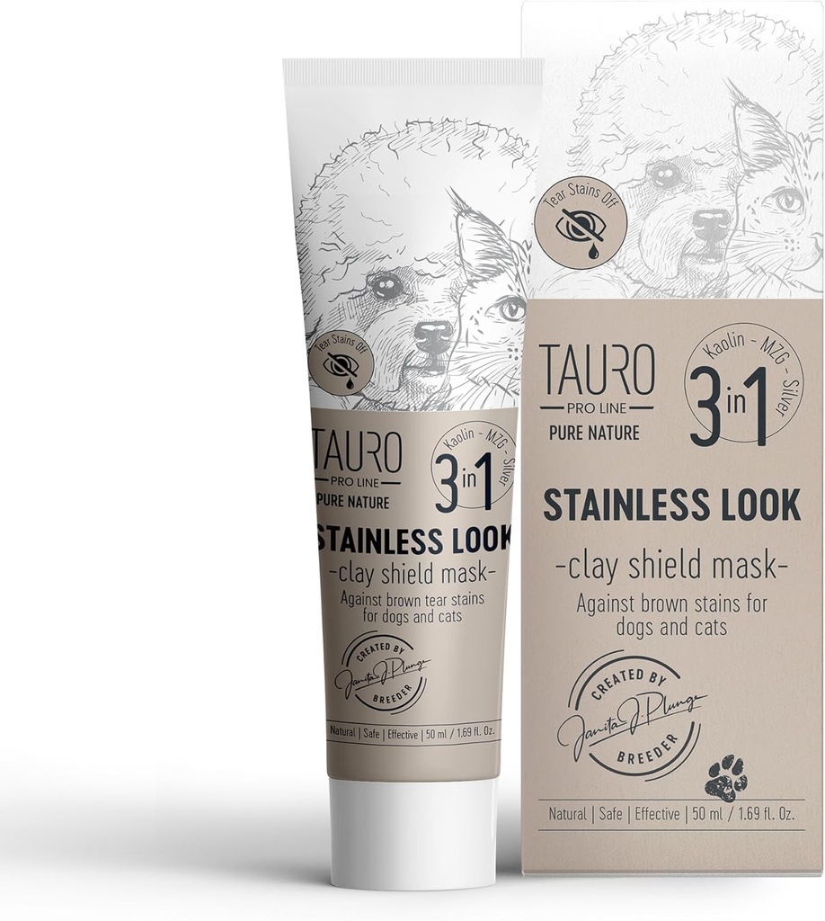 Tauro Pro Line Clay Tear Stain Remover for hunde - Skjold for øjne, ører, mund, genert grooming Produkt til hunde, Puppy & Kat (rustfrit look - 1.69 Fl Oz)