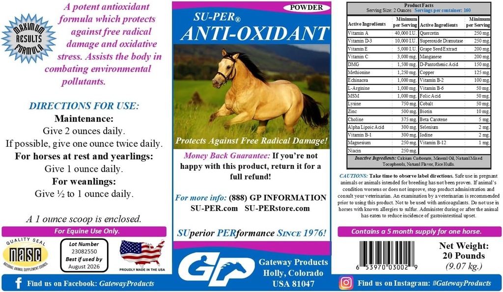 SU- PER Antioxidant supplement til heste - Equine Vitamin & Essential Antioxidant Support - Combat Environmental Pollutants & Oxidative Stress - 20 Pounds, 5 Month Supply