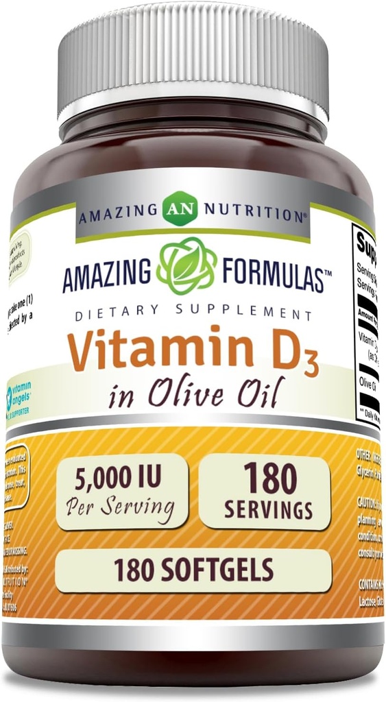 Amazing Formulas Vitamin D3 med Olivenolie 5000 IE Softgels Supplement Note 124; Non- GMO Note 124; Gluten Free Note 124; Fremstillet i USA (180 Tæl)