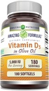 Amazing Formulas  Vitamin D3 with Olive Oil  5000  IU Softgels Supplement | Non-GMO | Gluten Free | Made in USA (180 Count)