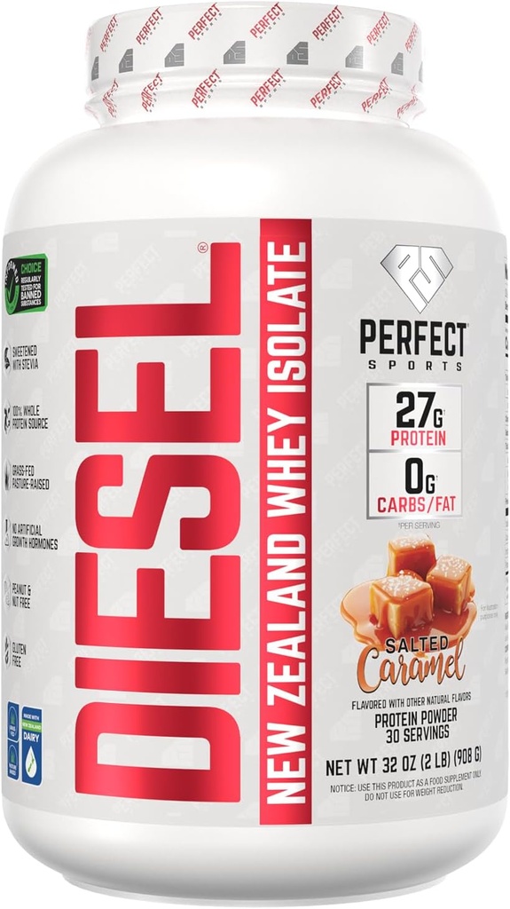 PERFEKT SPORTS Diesel 100% New Zealand Whey Protein Isolate 124; Stevia Sødet, Ingen kunstige ingredienser, Keto Buddy 124; 0g Carb, 0g Fedt, 27g Protein Buddy 124; 2 Pounds (Saltet Caramel)