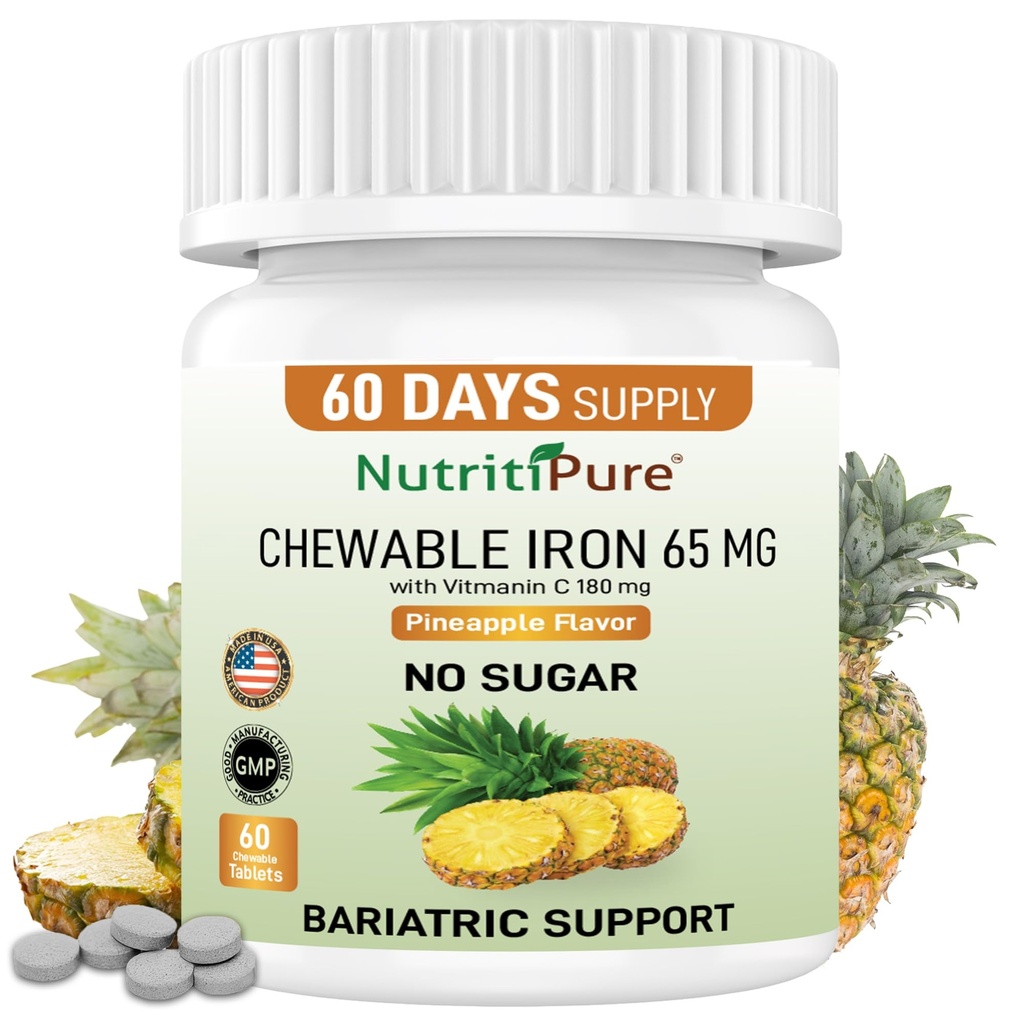 Chewable Iron Carbonyl 65 mg with Vitamin C 180 mg (for kvinder / mænd) - Tablet i Ananapple Flavor 60 Count (1)