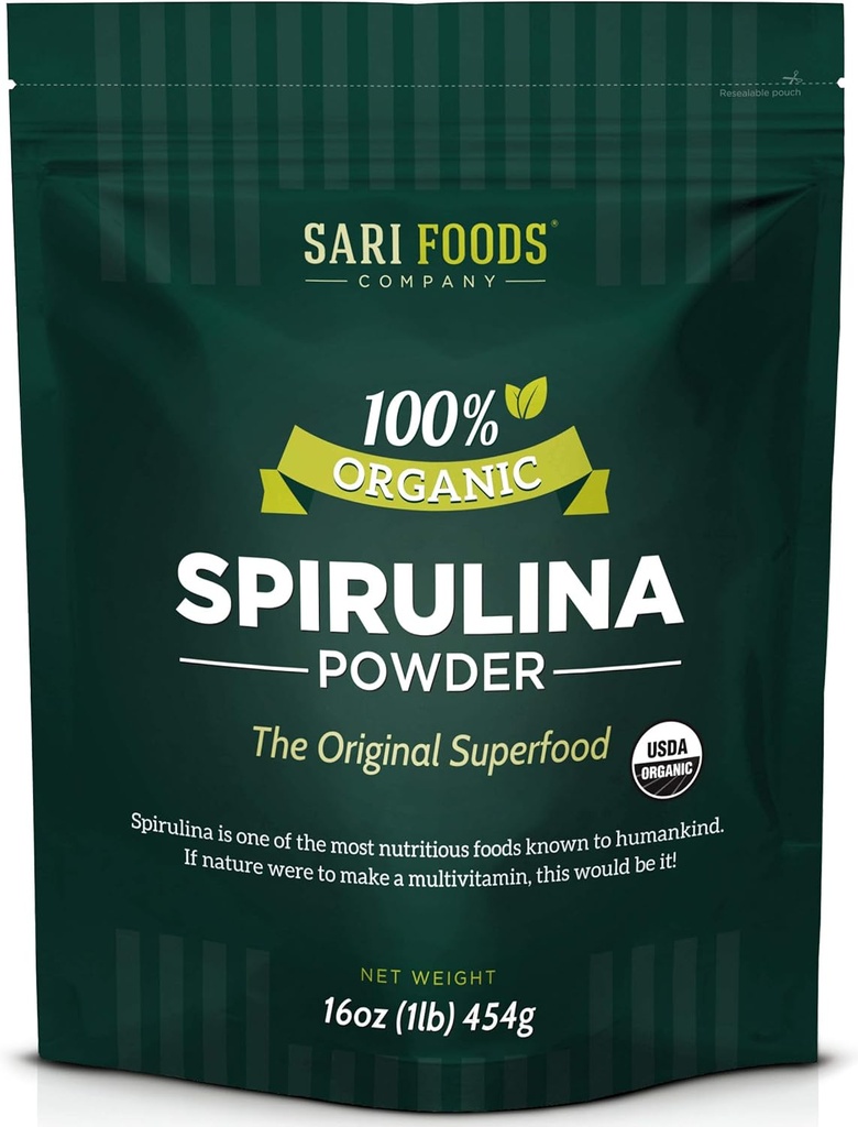 Organisk Spirulina pulver (16 Ounce): naturligt Vegansk, Forsyninger Folat, Vitamin B12, Jern, Omega Fedtsyrer, GLA, Beta Caroten, Chlorophyll, Aminosyrer