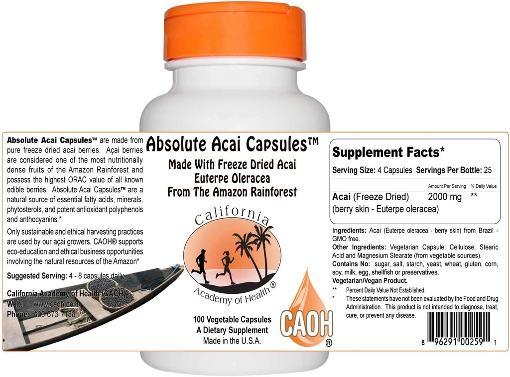 Absolut Acai kapsler - Fremstillet af Organic Acai fra CAOH ® (3 flasker: 2000 mg per servering - 100 grøntsagskapsler, 500 mg hver)