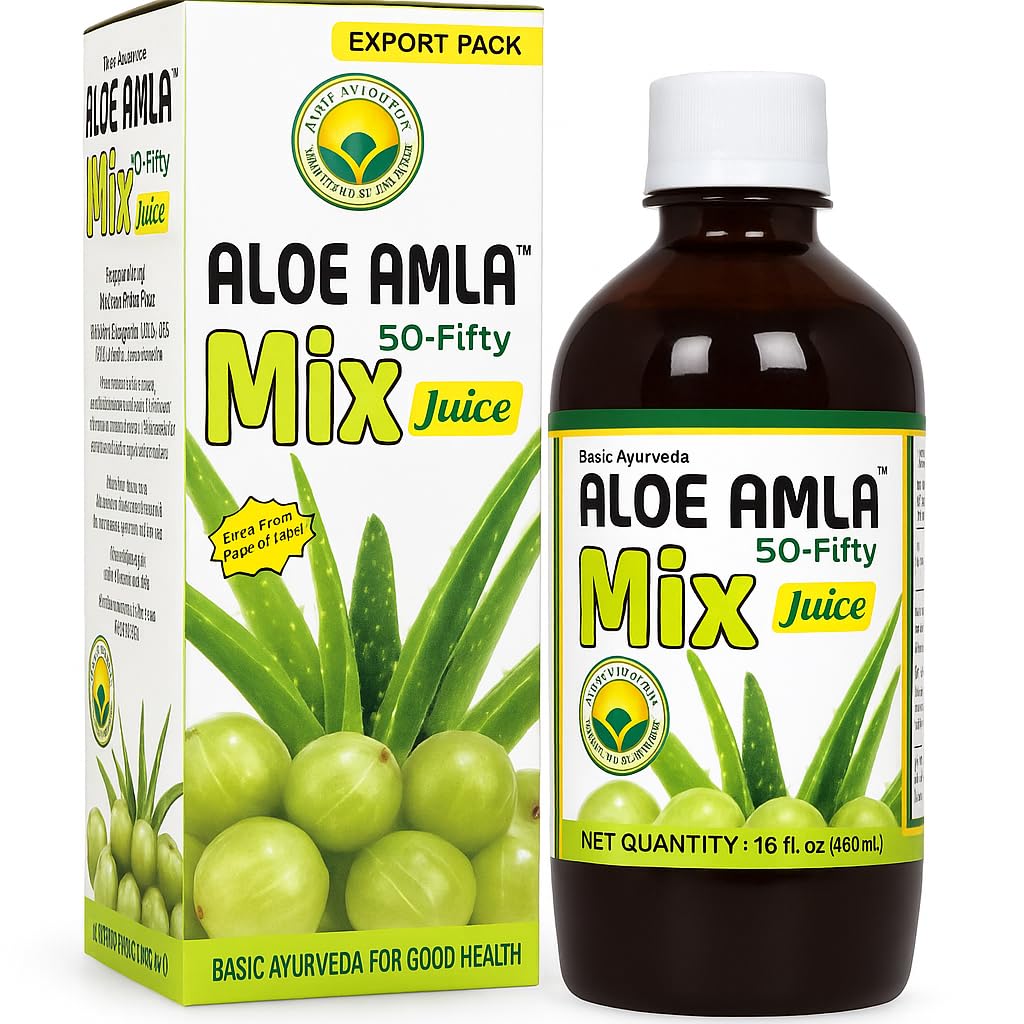 Basic Ayurveda Aloe Amla Mix Juice Shue 124; Blend of Aloe Vera & Amla Fruit Shue 124; First Press Virgin Juice Shue 124; Plant- Based Daily Drink Shue 124; Vegan & Non- GMO Shue 124; 16.23 Fl Oz (pakke med 2)