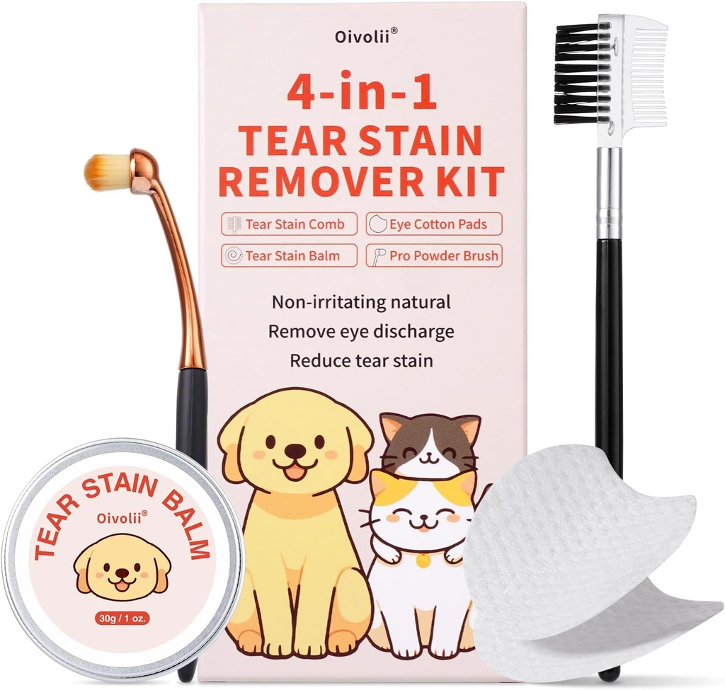 Tåregas Remover Kit til hunde og katte med tåregas Comb, tåregas Balm, Eye Cotton Pads, Pro Powder Børst forsigtigt fjerne tåregas, øjenrester, udledning, Mucus sekretioner