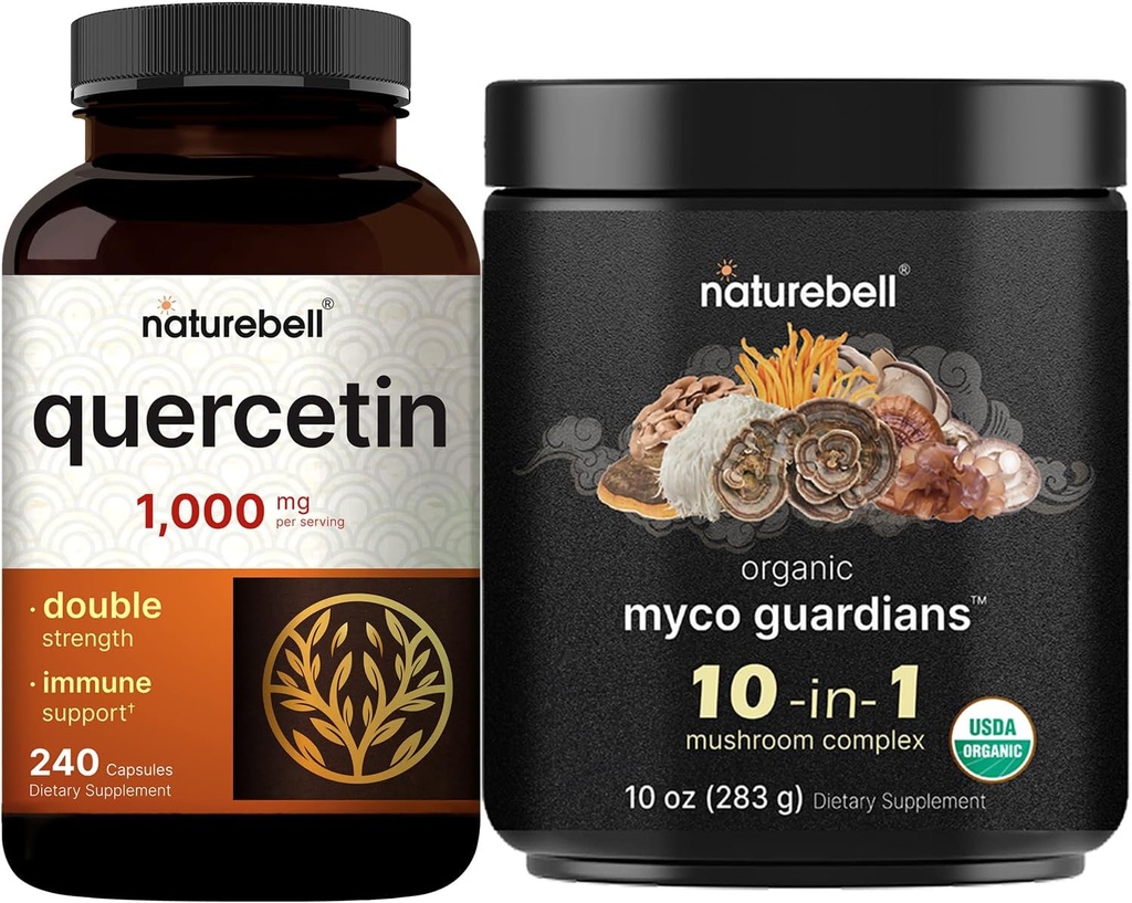 NatureBell Quercetin 1000mg Per Servering & 10 i 1 champignon pulver, 10oz Bundle Pack- 124; Ultra Strength Quercetin Supplement
