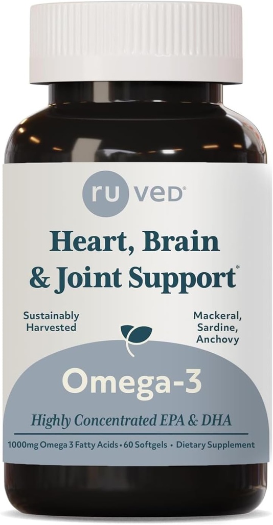 ruved Omega-3 - Omega 3 Fish Oil, 1000mg Per Capsule, EPA & DHA Fish Oil Supplement for kvinder & mænd, Heart, Brain, & Joint Support - 60 Softgel kapsler (1 greve)