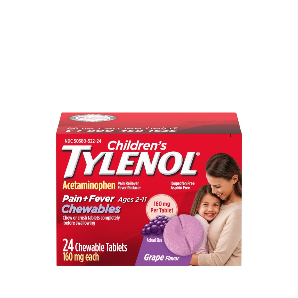 Børn Tylenol Chewables med 160 mg Acetaminophen, Pain Reliever & Feber Reducer for Kids 'Cold + Flu Symptomer, Hovedpine, Sore Throat & Toothache, Aspirin- Free, Grape Flavor, 24 ct