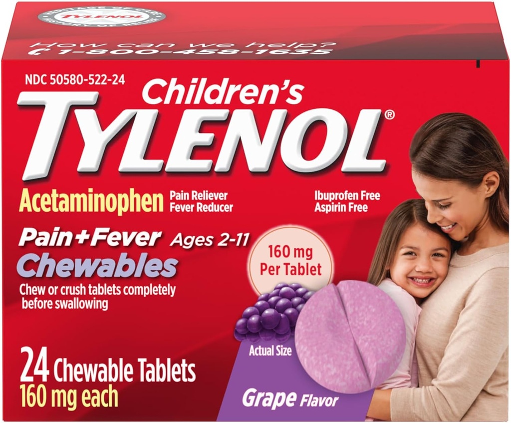 Børn Tylenol Chewables med 160 mg Acetaminophen, Pain Reliever & Feber Reducer for Kids 'Cold + Flu Symptomer, Hovedpine, Sore Throat & Toothache, Aspirin- Free, Grape Flavor, 24 ct