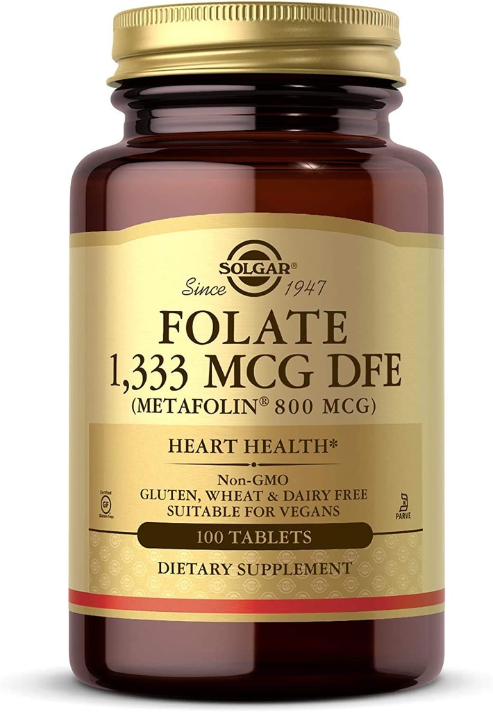 Solgar Folate 1,333 mcg DFE, 100 tabletter - 800 mcg Bio- Active Metafolin - Heart Health - Non- GMO, Vegan, Gluten Free, Dairy Free, Kosher - 100 Servere